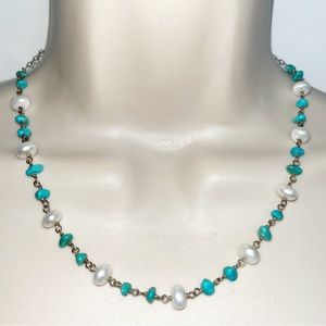 Genuine Freshwater Pearls Turquoise Stones Sterling Silver Dainty Chain Necklace